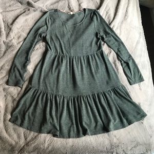 Olive Green Tiered Fitted Long Sleeve Dress